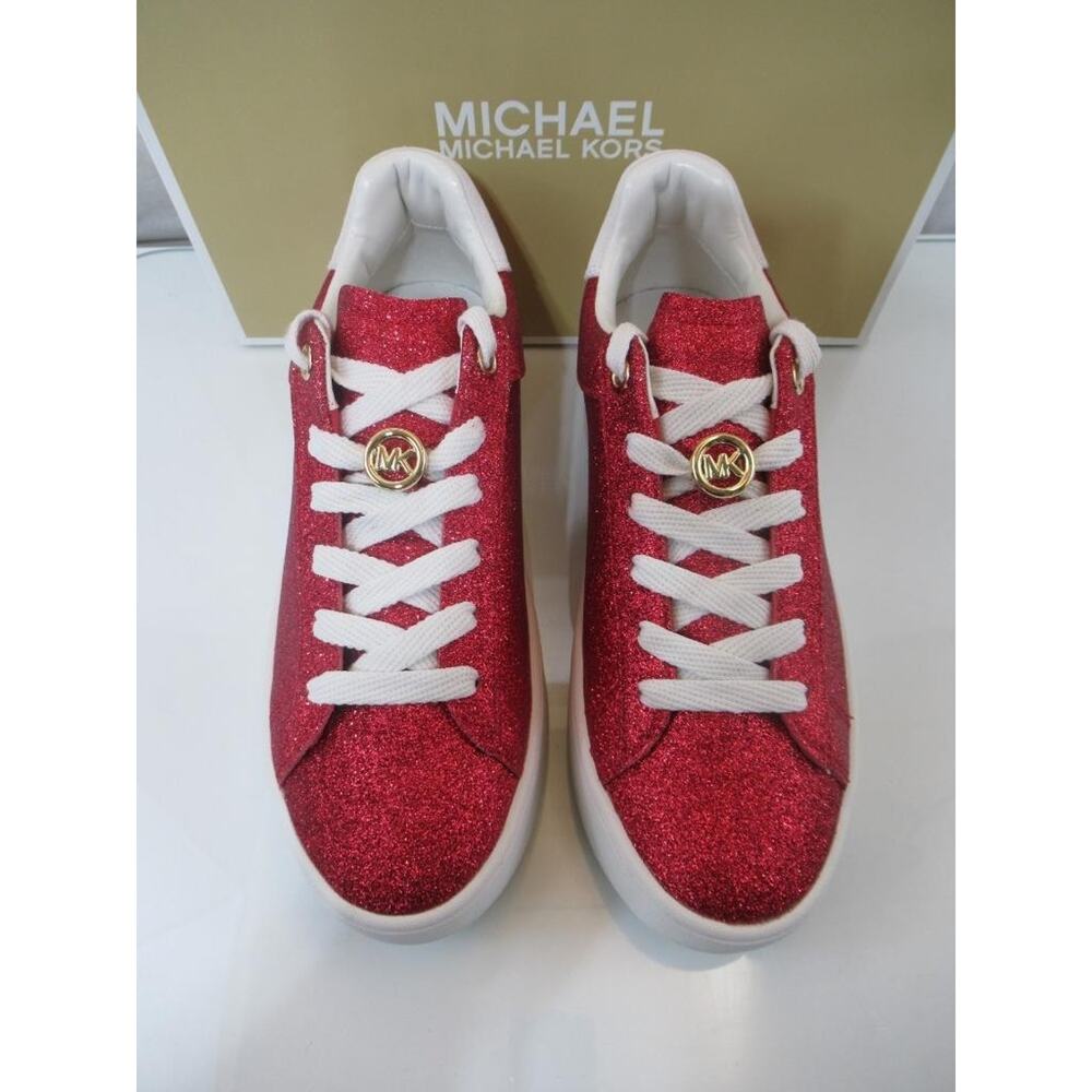 Michael Kors Size 8.5 Dottie Lace Up Platform Sneakers Glitter Leather Red - Picture 4 of 8